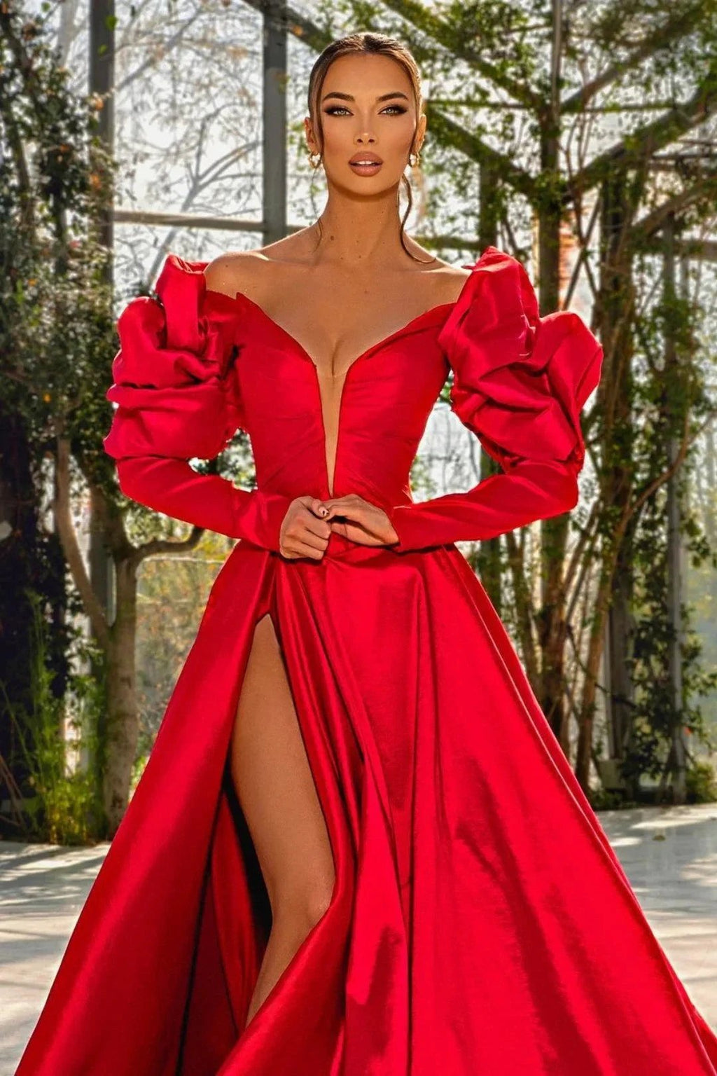Sexy Red V Neck Bubble Sleeves Satin Long Prom Dress With Slit by BIZTUNNEL