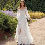 Wedding Dresses Boho Beach Lace Long Sleeves Split Vestidos De Novia Elegant Bohemian Bridal Gown Chiffon Illusion O Neck by payinti