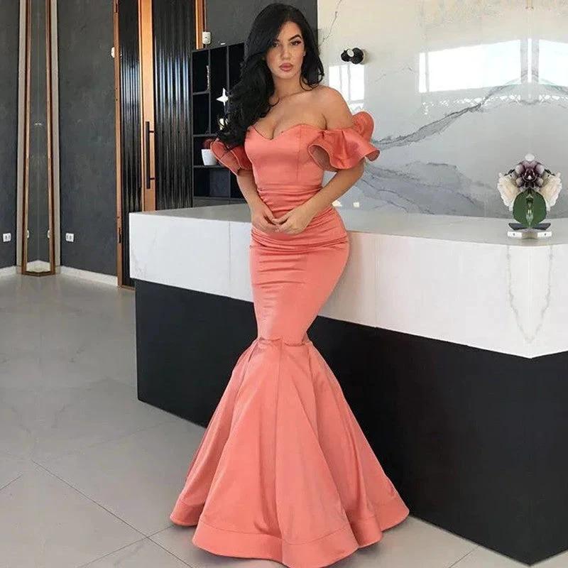 Stunning Long Off the Shoulder Satin Mermaid Prom Dresses by BIZTUNNEL