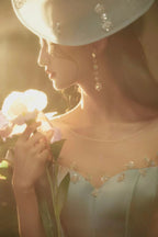Elegant Dusty Blue Off-Shoulder Tulle Ball Gown with Puff Sleeves & Crystal Embroidery by ZAPDRESS