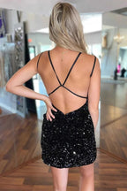 Cute Black V Neck Backless Sequins Short Homecoming Dresses by Ombreprom