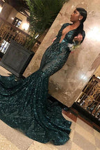 Emerald V-Neck Long Sleeves Sequins Lace Prom Dress Mermaid by BIZTUNNEL