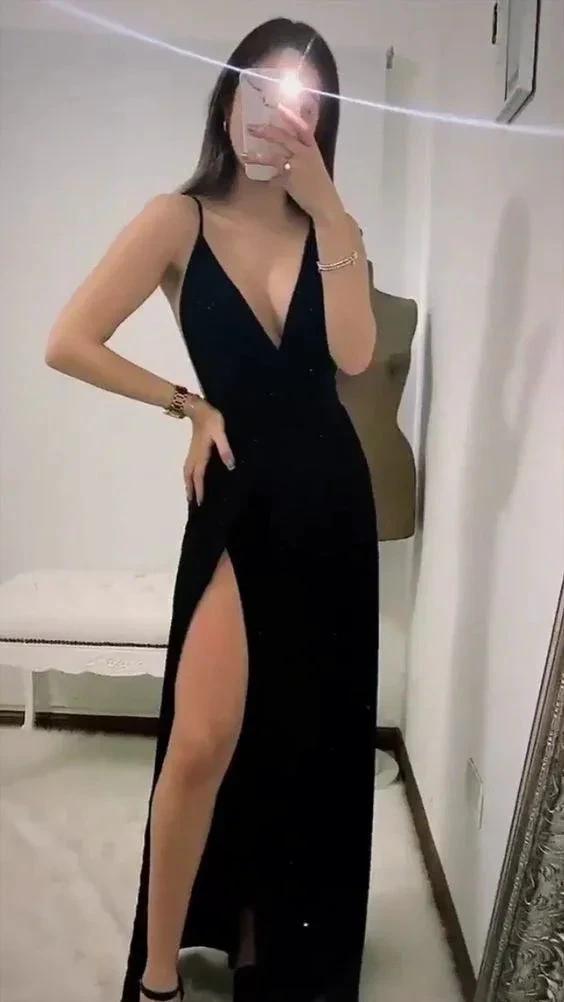 A-line V Neck Spaghetti Straps Prom Dress Sexy Black Evening Dress Y712 by simplepromdress