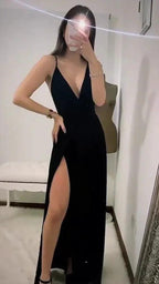 A-line V Neck Spaghetti Straps Prom Dress Sexy Black Evening Dress Y712 by simplepromdress