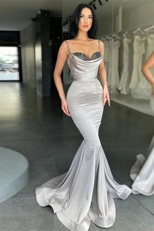Sequined Silver Gray Spaghetti-Straps Mermaid Prom Dress by BIZTUNNEL