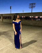 Off The Shoulder Royal Blue Floor Length Evening Dress With Side Slit Y713 by simplepromdress