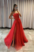 Spaghetti Straps A Line Tulle Long Prom Dress with Slit and Appliques Lace by BIZTUNNEL