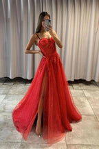 Spaghetti Straps A Line Tulle Long Prom Dress with Slit and Appliques Lace by BIZTUNNEL