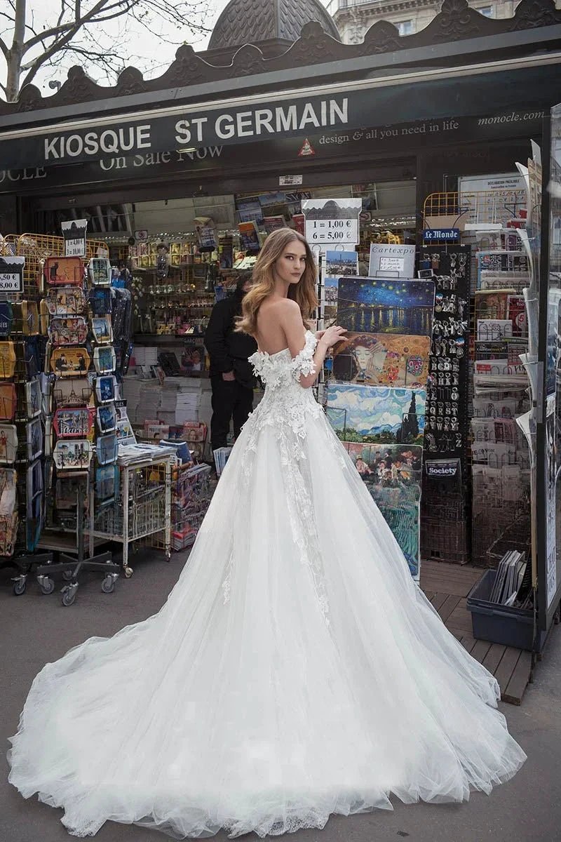 Elegant White Tulle Wedding Dresses Off the Shoulder Sweetheart Custom Made Appliques Bridal Gowns Backless Vestidos De Novia by payinti