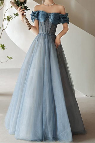 Vestido de fiesta princesa de tul rosa con cuentas y hombros descubiertos, vestido de noche Y7584