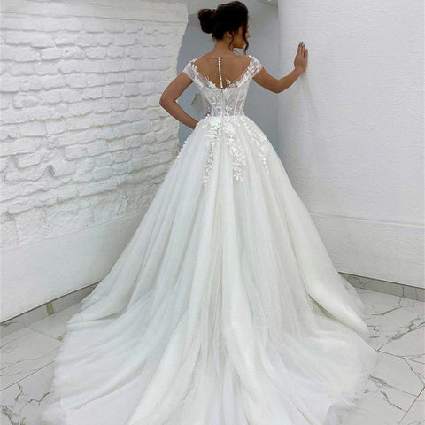 Princess Lace Tulle A Line Wedding Dress Sweetheart Cap Sleeve 3D Appliques Boho Bridal Gowns For Woman Button Vestidos De Novia