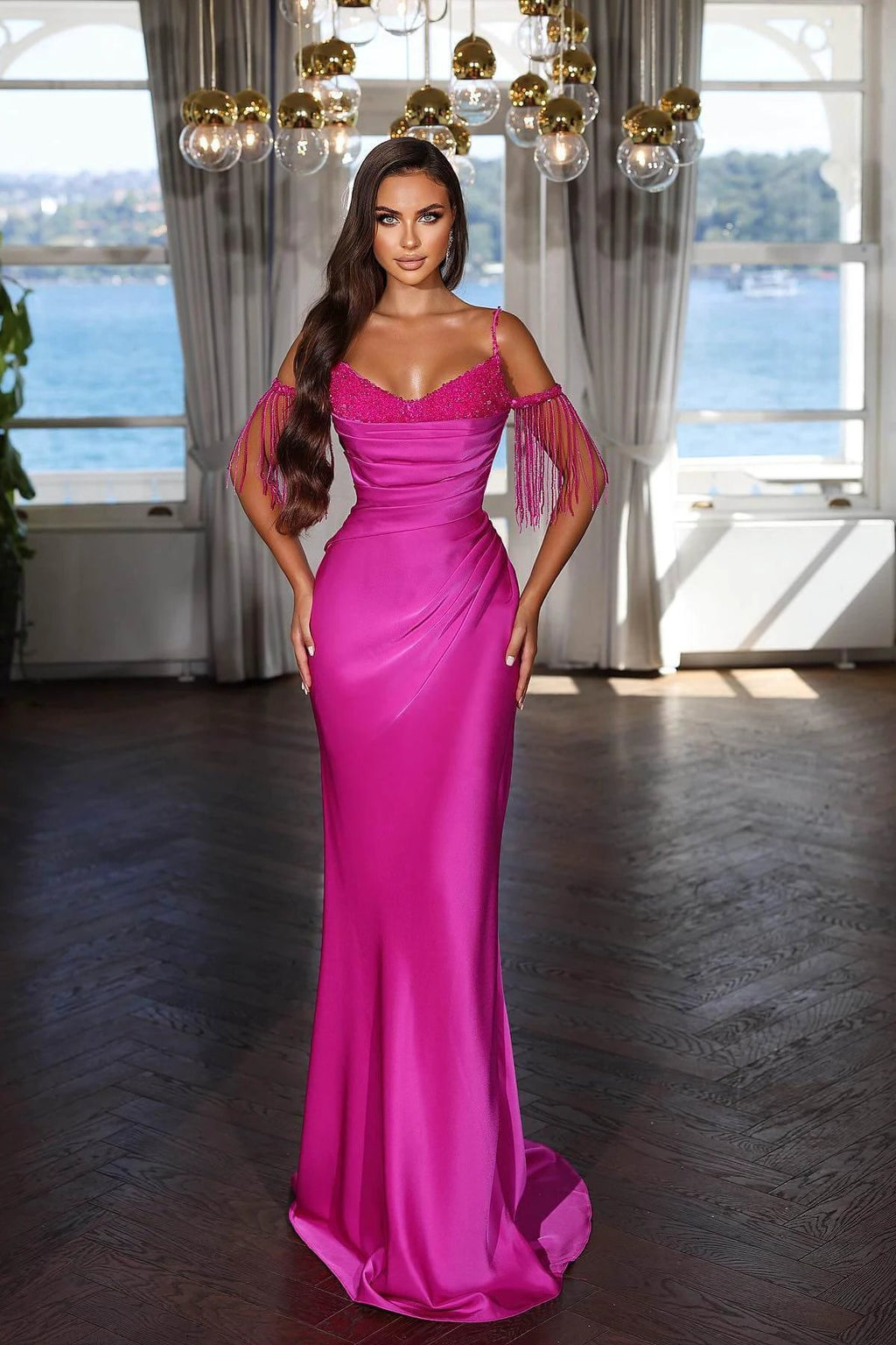 Fuchsia Evening Dress with Spaghetti Strap Pleated Tassel and Sequins by BIZTUNNEL