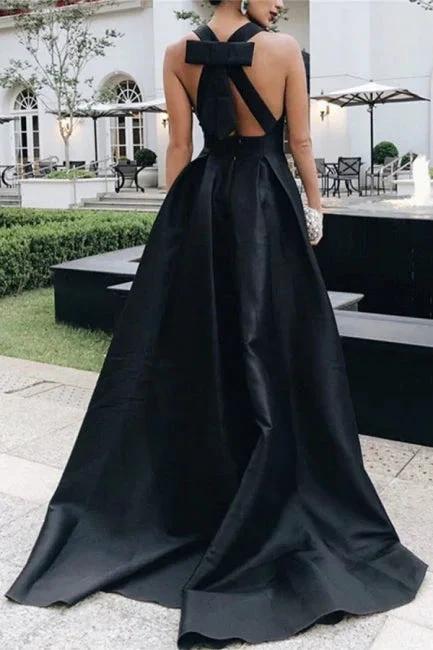 A-Line Black V-Neck Sleeveless A-Line Halt Charming Stain Prom Dresses with Bow by misshow.com