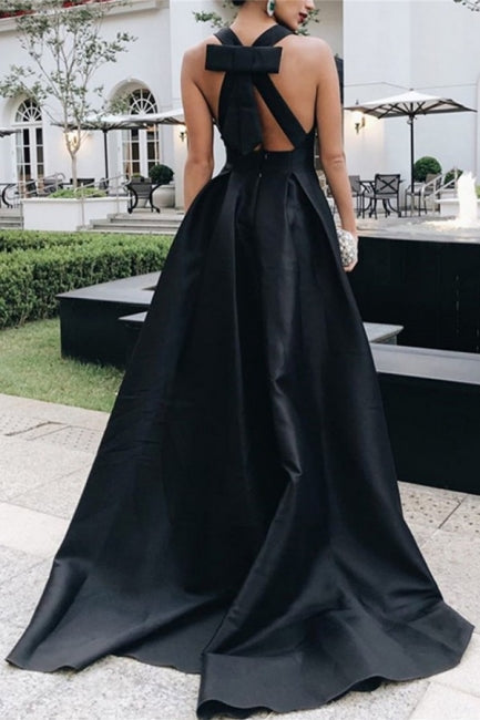 A-Line Black V-Neck Sleeveless A-Line Halt Charming Stain Prom Dresses with Bow Main Image
