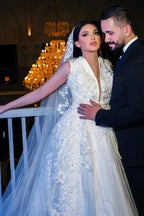 A-Line Charming V-Neck Sleeveless Tulle Floor-Length Wedding Dresses with Appliques by misshow.com