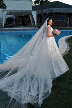 A-Line Charming V-Neck Sleeveless Tulle Floor-Length Wedding Dresses with Appliques by misshow.com