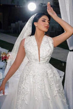 A-Line Charming V-Neck Sleeveless Tulle Floor-Length Wedding Dresses with Appliques by misshow.com