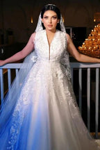 A-Line Charming V-Neck Sleeveless Tulle Floor-Length Wedding Dresses with Appliques by misshow.com
