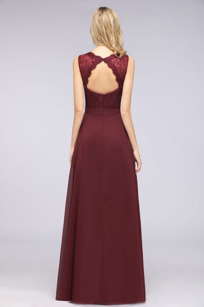 A-Line Chiffon Lace V-Neck Sleeveless Floor-Length Bridesmaid Dresses with Ruffles Main Image
