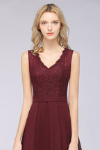 A-Line Chiffon Lace V-Neck Sleeveless Floor-Length Bridesmaid Dresses with Ruffles
