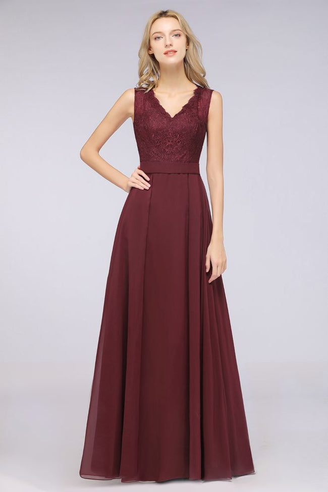 A-Line Chiffon Lace V-Neck Sleeveless Floor-Length Bridesmaid Dresses with Ruffles Hover Image