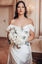 A-Line Elegant V-Neck Off-The Shoulder Split Front Strapless Wedding Dresses with Ruffles by misshow.com