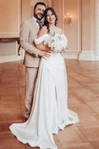 A-Line Elegant V-Neck Off-The Shoulder Split Front Strapless Wedding Dresses with Ruffles by misshow.com