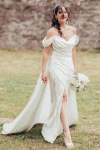 A-Line Elegant V-Neck Off-The Shoulder Split Front Strapless Wedding Dresses with Ruffles by misshow.com