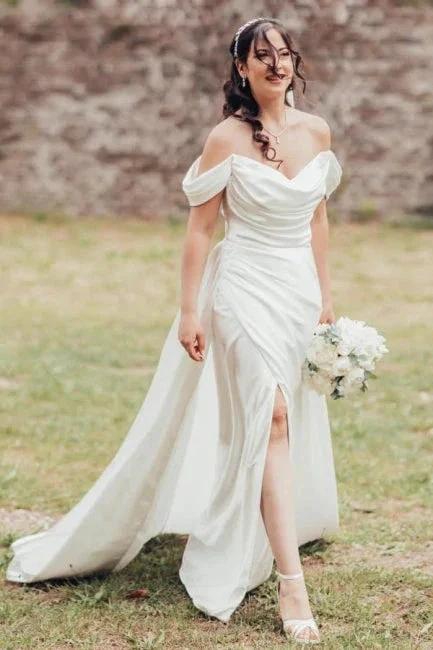 A-Line Elegant V-Neck Off-The Shoulder Split Front Strapless Wedding Dresses with Ruffles by misshow.com
