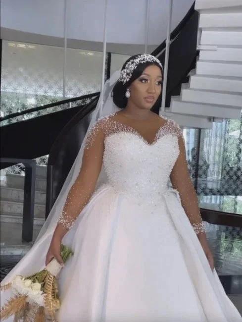 A-Line Exquisite Floor-Length Long Sleeve Lace V-Neck Tulle Wedding Dresses with Beadings by misshow.com
