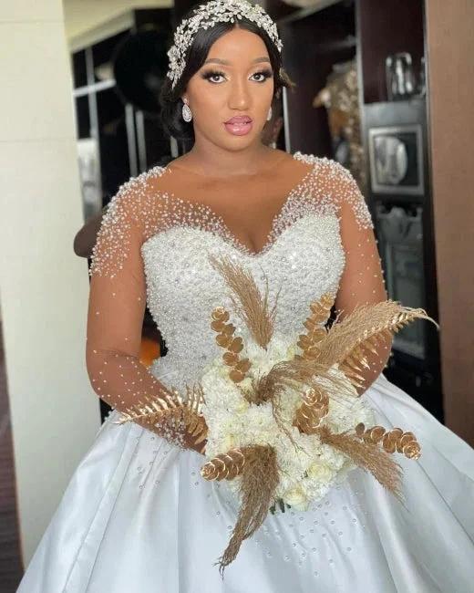 A-Line Exquisite Floor-Length Long Sleeve Lace V-Neck Tulle Wedding Dresses with Beadings by misshow.com