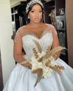 A-Line Exquisite Floor-Length Long Sleeve Lace V-Neck Tulle Wedding Dresses with Beadings by misshow.com