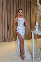 A-Line Exquisite Split Front Sleeveless Strapless Stain Prom Dresses with Beadings by misshow.com