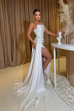 A-Line Exquisite Split Front Sleeveless Strapless Stain Prom Dresses with Beadings by misshow.com