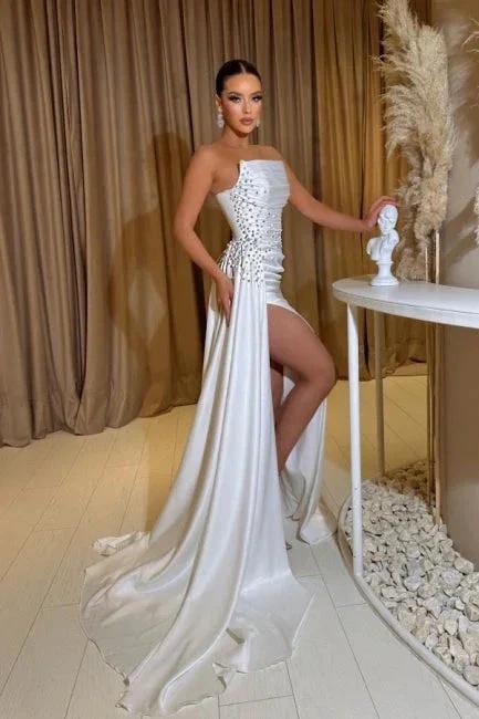 A-Line Exquisite Split Front Sleeveless Strapless Stain Prom Dresses with Beadings by misshow.com
