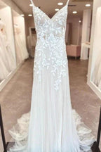 A-Line Floor-Length Sleeveless Spaghetti Straps V-Neck Split Front Wedding Dresses with Appliques by misshow.com