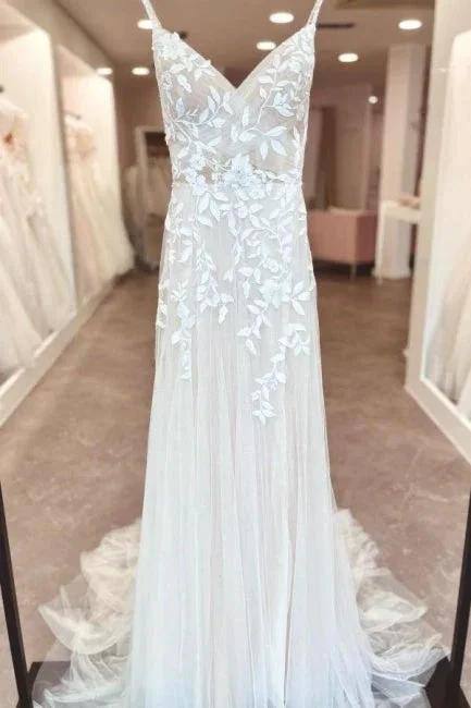 A-Line Floor-Length Sleeveless Spaghetti Straps V-Neck Split Front Wedding Dresses with Appliques by misshow.com