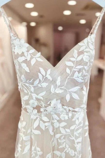 A-Line Floor-Length Sleeveless Spaghetti Straps V-Neck Split Front Wedding Dresses with Appliques by misshow.com