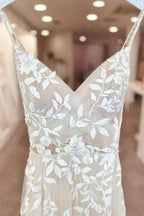 A-Line Floor-Length Sleeveless Spaghetti Straps V-Neck Split Front Wedding Dresses with Appliques by misshow.com