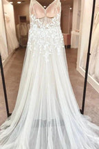 A-Line Floor-Length Sleeveless Spaghetti Straps V-Neck Split Front Wedding Dresses with Appliques by misshow.com