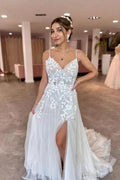 A-Line Floor-Length Sleeveless Spaghetti Straps V-Neck Split Front Wedding Dresses with Appliques by misshow.com