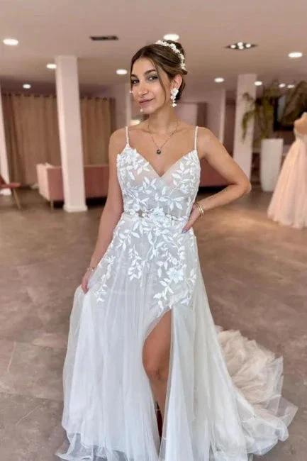 A-Line Floor-Length Sleeveless Spaghetti Straps V-Neck Split Front Wedding Dresses with Appliques by misshow.com