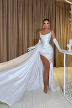 A-Line Floor-Length Sleeveless Strapless Charmeuse Split Front Stain Prom Dresses with Ruffles by misshow.com