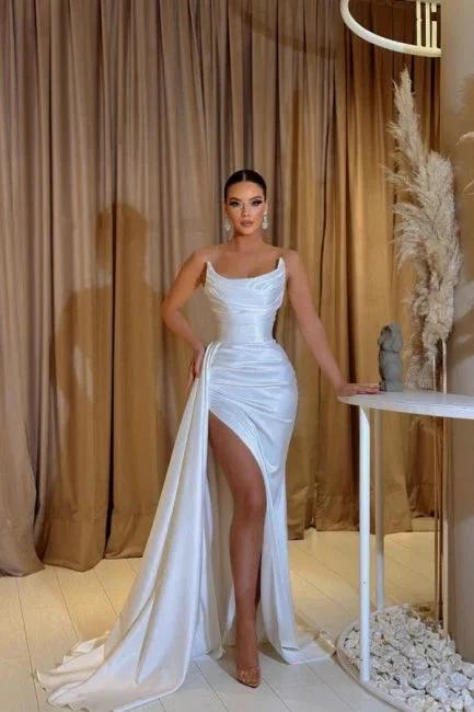 A-Line Floor-Length Sleeveless Strapless Charmeuse Split Front Stain Prom Dresses with Ruffles by misshow.com