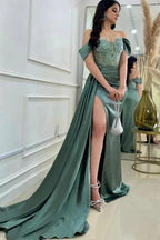 A-Line Floor-Length Stain Off-The-Shoulder Split Front Sweetheart Prom Dresses with Lace by misshow.com