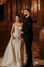 A-Line Floor-Length Stain Tulle Sweetheart Spaghetti Straps Wedding Dresses with Appliques by misshow.com