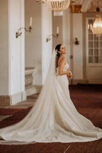 A-Line Floor-Length Stain Tulle Sweetheart Spaghetti Straps Wedding Dresses with Appliques by misshow.com