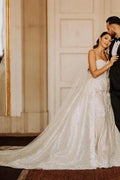 A-Line Floor-Length Stain Tulle Sweetheart Spaghetti Straps Wedding Dresses with Appliques by misshow.com