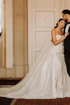 A-Line Floor-Length Stain Tulle Sweetheart Spaghetti Straps Wedding Dresses with Appliques by misshow.com