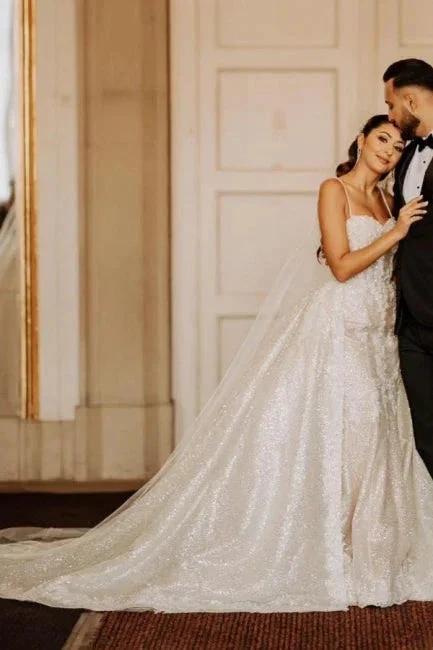 A-Line Floor-Length Stain Tulle Sweetheart Spaghetti Straps Wedding Dresses with Appliques by misshow.com